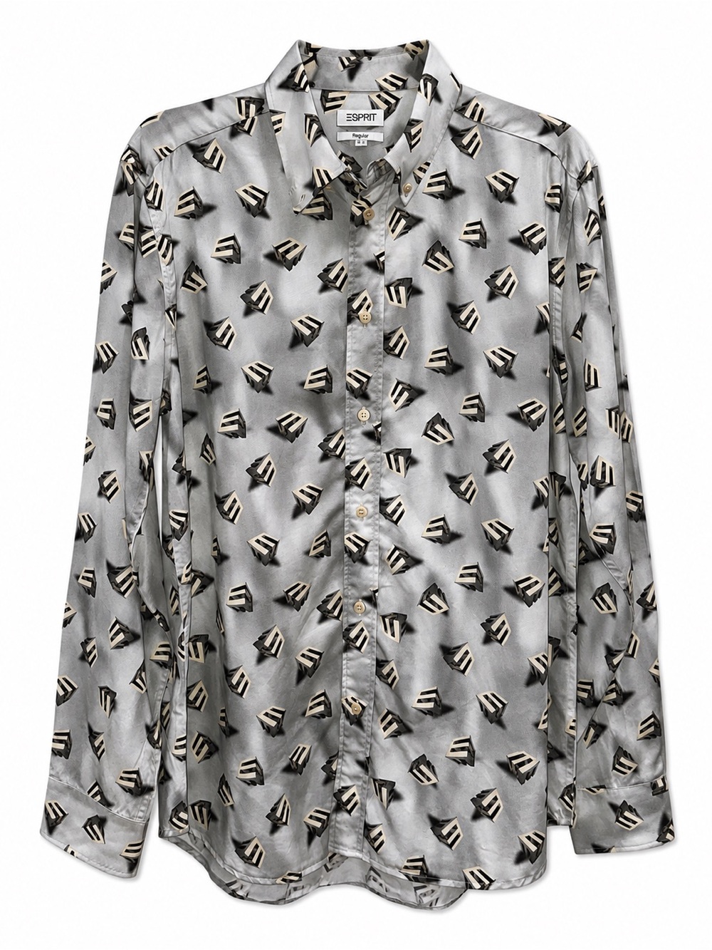 Vintage Inspired ESPIRIT Button Front Geometric Print Satin Shirt 90s Sz. Medium